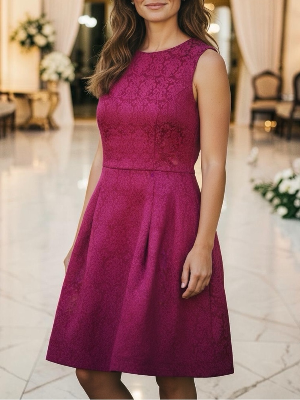 Eva Mendes Sleeveless Fitted Bodice A-Line Dress in Magenta